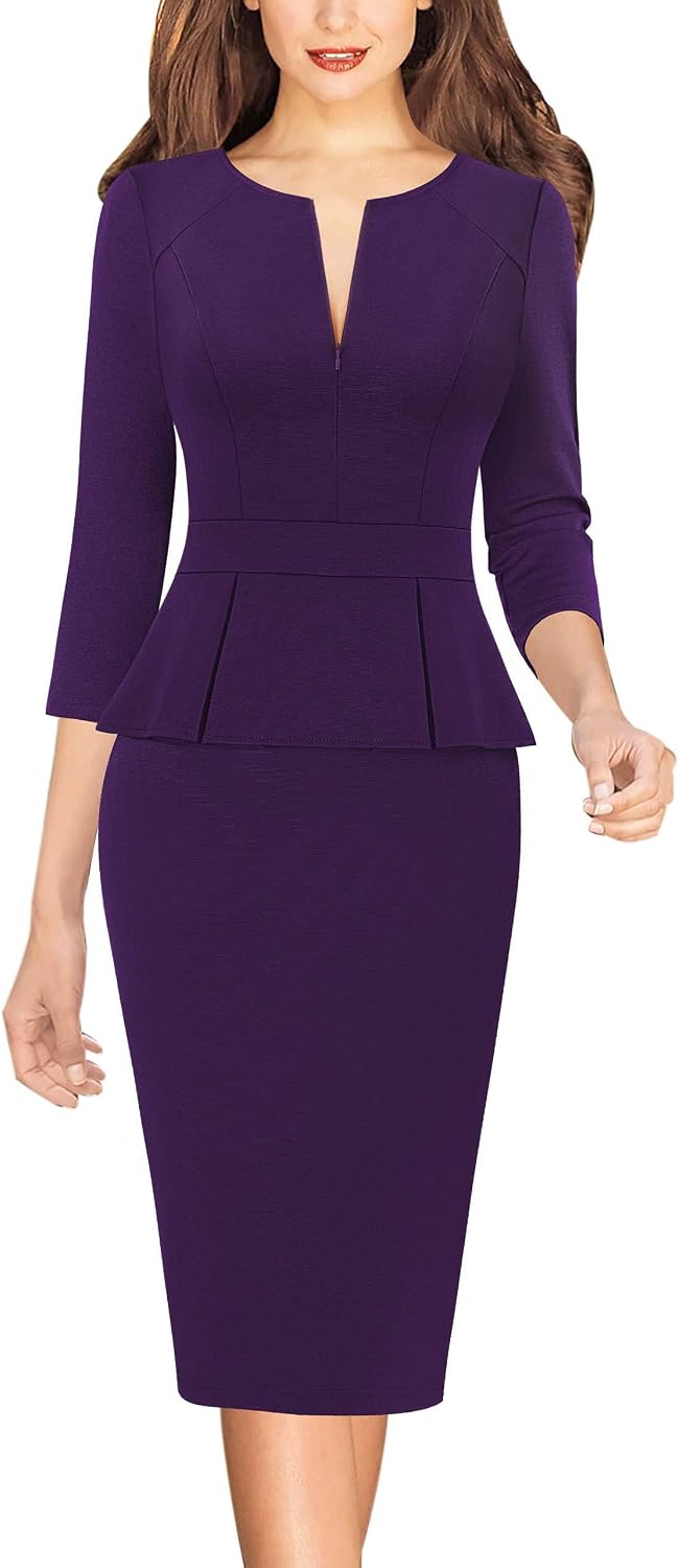 VFSHOW Womens Work Business Office Front Zipper Peplum Church Sheath Dress | 3\/4 Sleeves, Elegant, Spring Fall, Church, Funeral, Slimming Fitted Bodycon Dresses