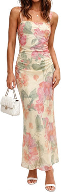 PeoKia Women's Elegant Mesh Ruched Floral Maxi Wedding Guest Dress | Square Neck,Stretch,Bodycon,Fishtail,Tank Strap,Fitted,Bridal Shower,Baby Shower,Cocktail,Party,Dinner,Vacation,Long Dress
