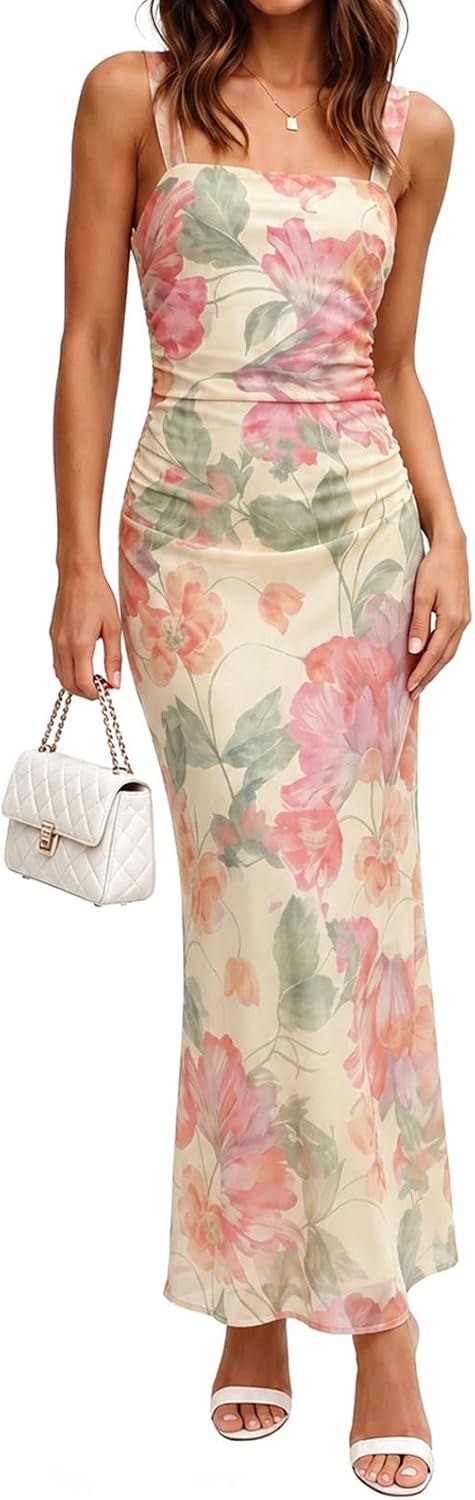 PeoKia Women's Elegant Mesh Ruched Floral Maxi Wedding Guest Dress | Square Neck,Stretch,Bodycon,Fishtail,Tank Strap,Fitted,Bridal Shower,Baby Shower,Cocktail,Party,Dinner,Vacation,Long Dress