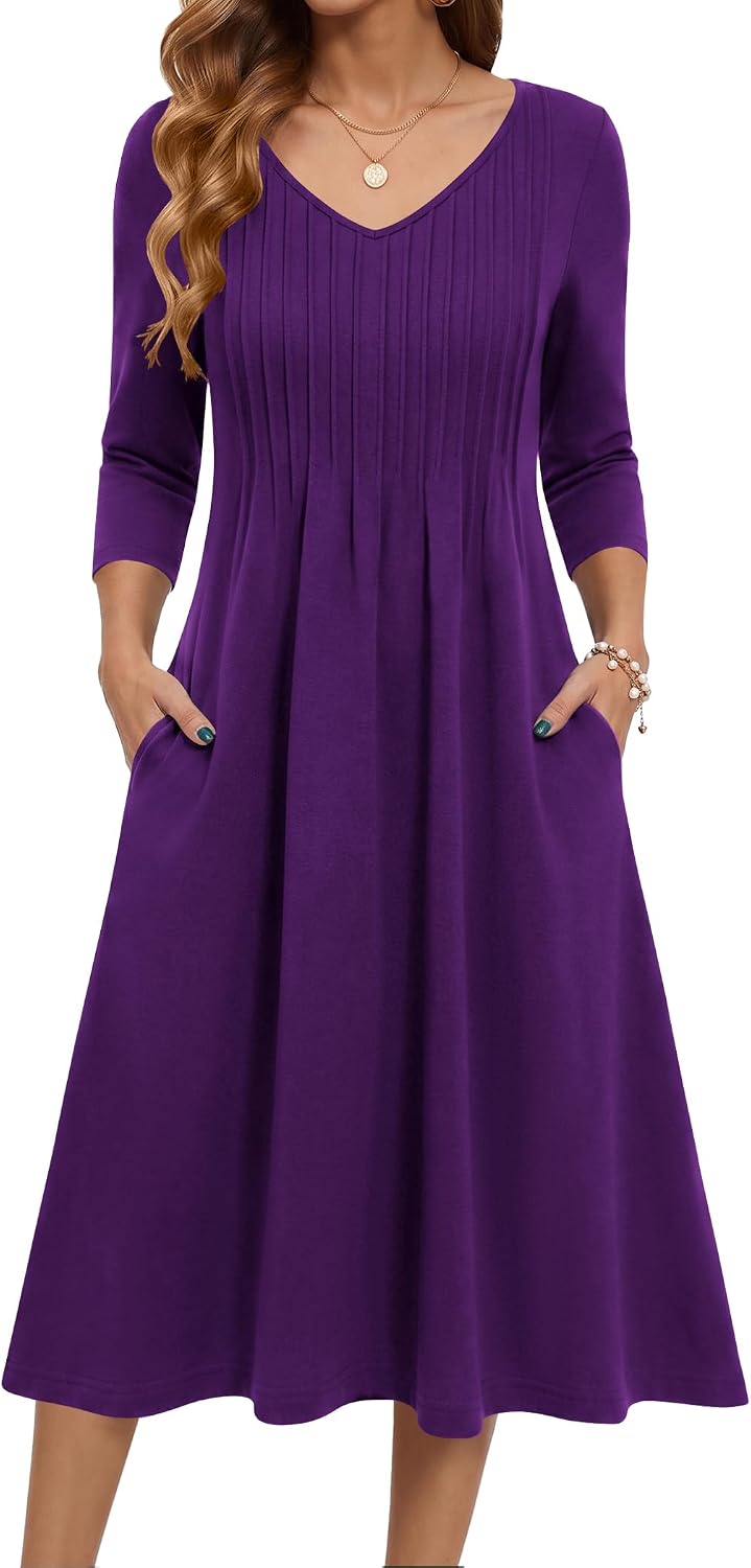 Zeagoo 3\/4 Sleeve Women's Dress Pleated Midi Casual Dresses with Pockets | For A More Flattering Fit, We Recommend Choosing One Size Smaller And Pairing It With Your Own Belt For Decoration.