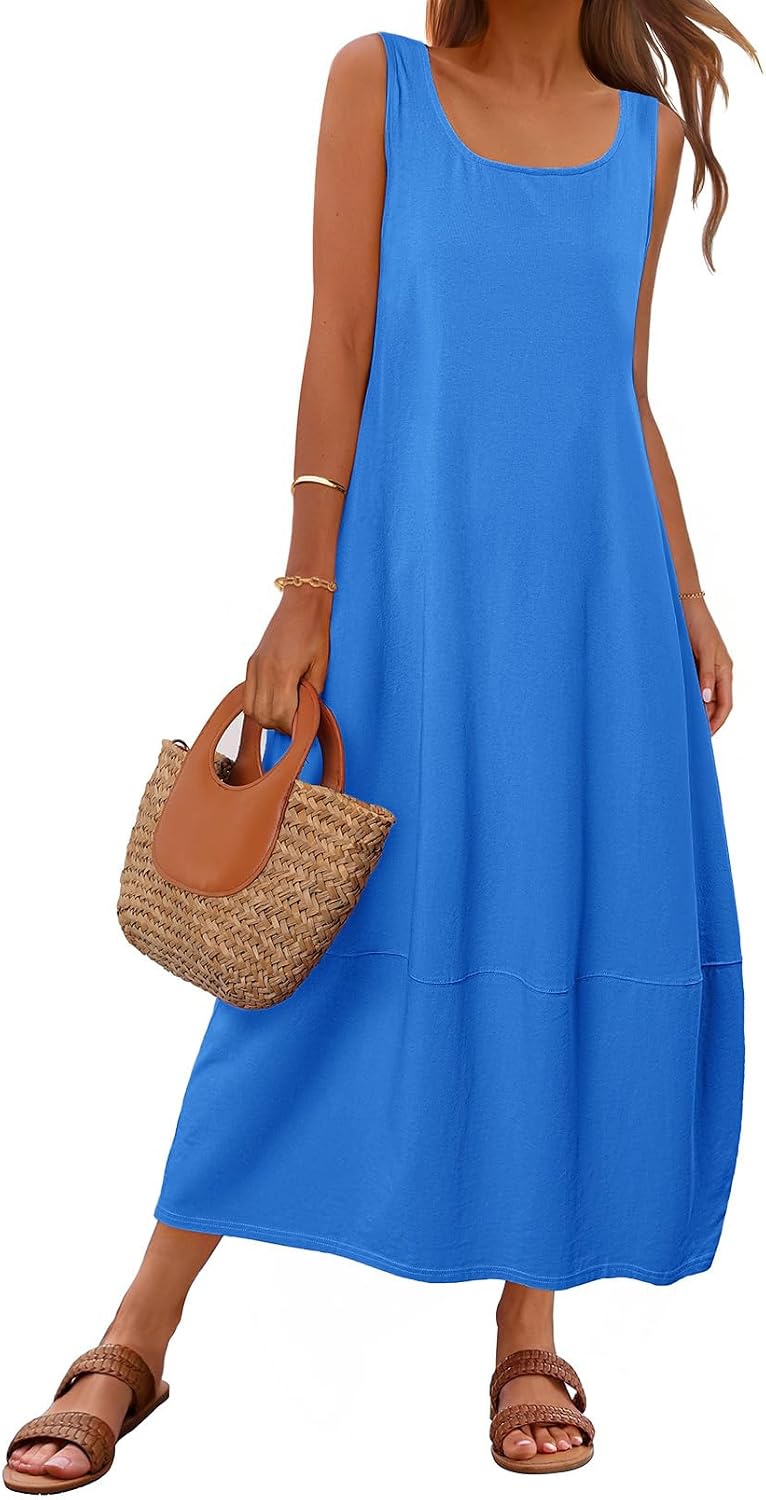 MEROKEETY Women's Summer Sleeveless Maxi Dress Beach Sundress | Casual Scoop Neck Tank Dress, Cotton, Boho Vacation, Loose Fit, Side Pockets, A-Line, Floral Long Dress, Spring Outfits
