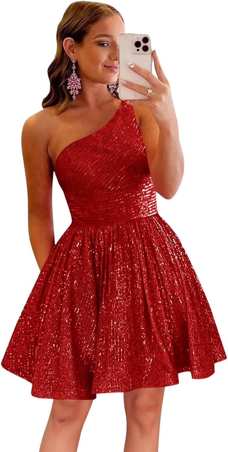 MstinGcc One Shoulder Sequin Sparkly Short Homecoming Dress for Teens 2026 | Glitter HOCO Dresses for Womens A-Line Prom Cocktail Party Dress Backless Sleeveless Corset Mini Gowns