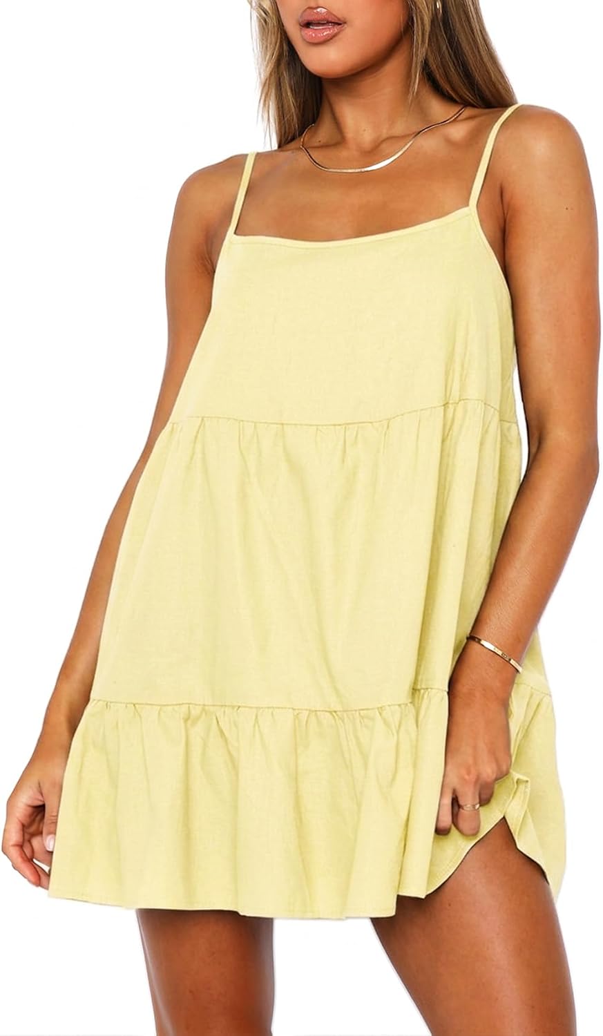 OZICERD Flowy Short Sundress Mini Babydoll Dresses for Women Going Out Tiered Ruffle Beach Spaghetti Strap Swing Dress Cute