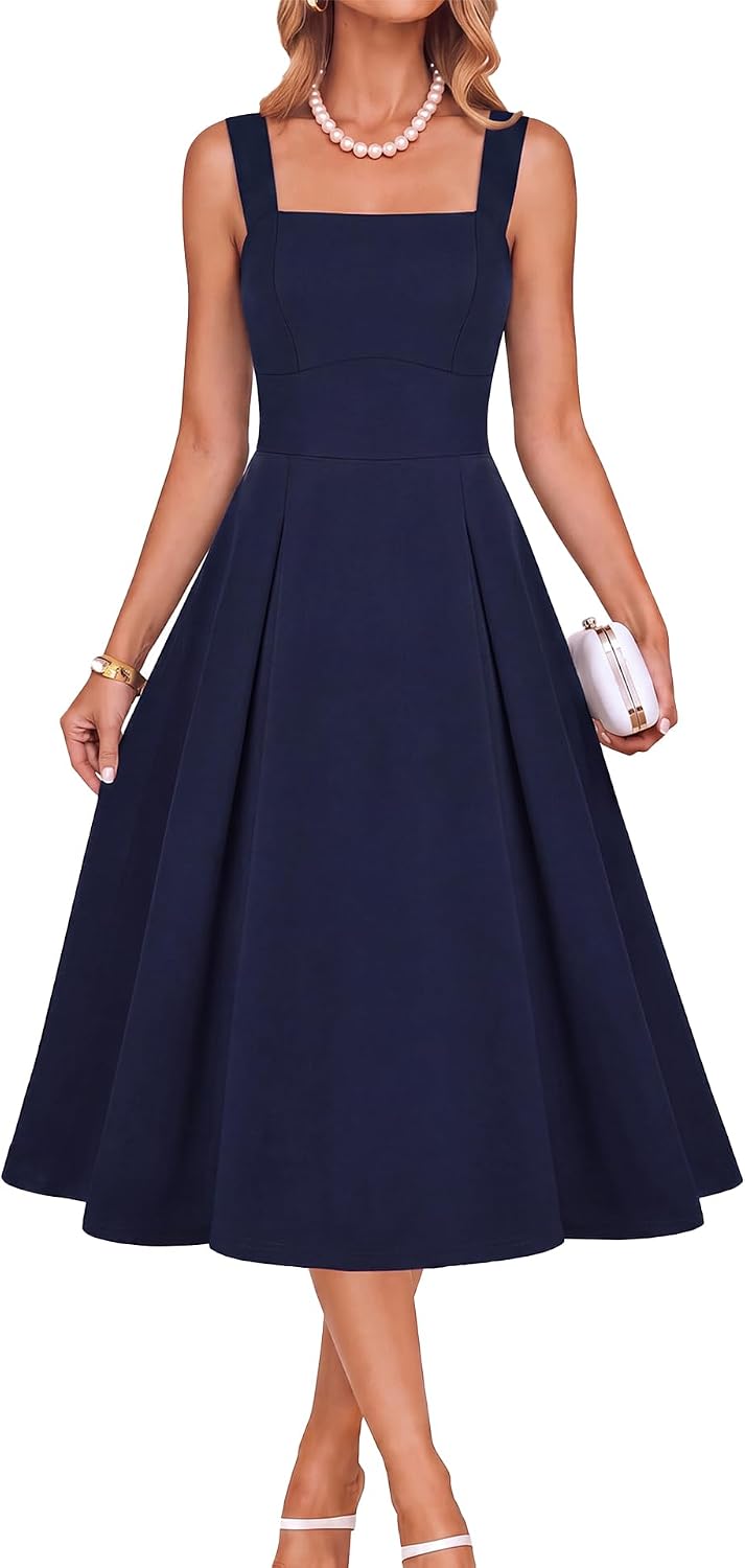 Belle Poque Womens Midi Dress Square Neck Wedding Guest Dresses | A Line, Pockets, Pleated, Fit and Flare, Semi Formal Elegant Dress for Cocktail, Party, Birthday, Date Night, Holiday