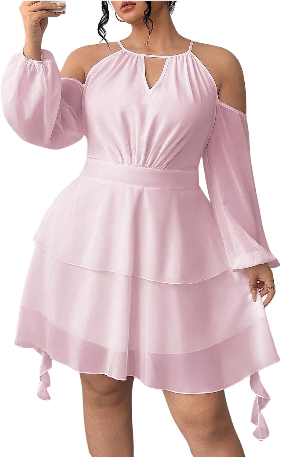 WDIRARA Women's Plus Size Cold Shoulder Layered Mesh Ruffle Short Dress | Long Lantern Sleeve, Flowy Dresses