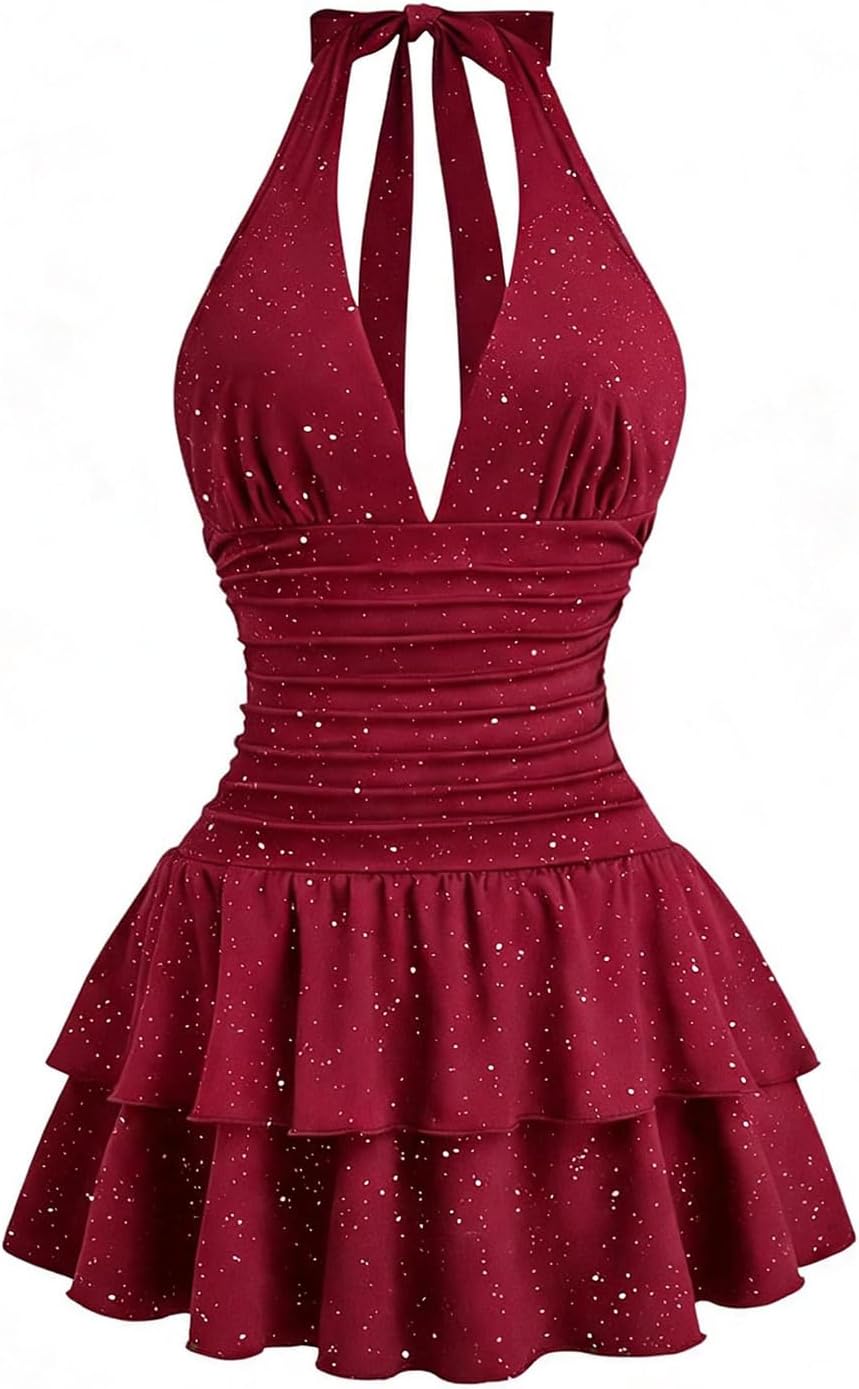 BEAUDRM Women's Sparkly Halter Mini Dress Y2k Glitter Ruffle Dresses | Layered, Tie Backless, A Line, Date Night, Going Out Dresses, Party Club Dress