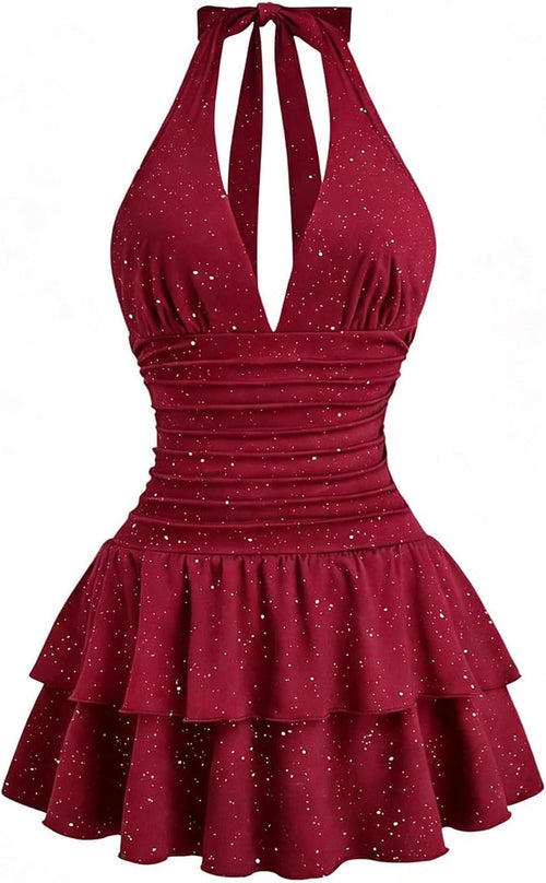 BEAUDRM Women's Sparkly Halter Mini Dress Y2k Glitter Ruffle Dresses | Layered, Tie Backless, A Line, Date Night, Going Out Dresses, Party Club Dress