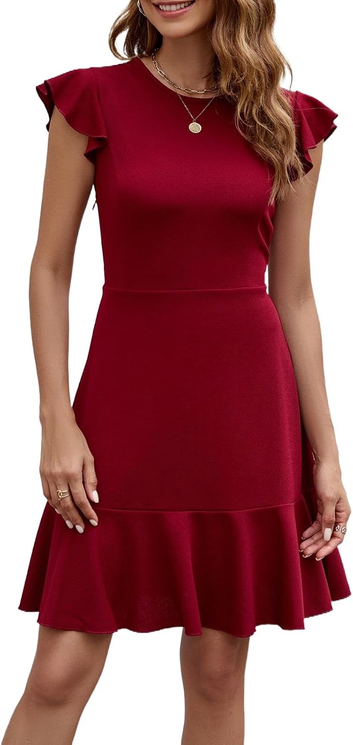 HELYO Women's Summer Elegant Cocktail Club Dress Ruffle Hem Short Flutter Sleeve Flowy Wedding A-Line Casual Dresses 619