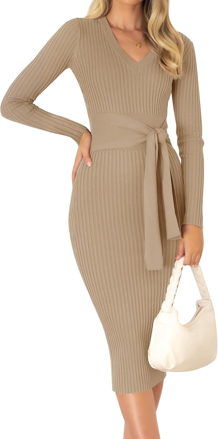 ZESICA Women's 2026 Fall Long Sleeve Bodycon Midi Sweater Dress | Winter Dresses, V Neck, Slimming, Ribbed Knit, Tie Waist, Classy, Holiday, Maternity, Elegant Wedding Guest Formal Dress