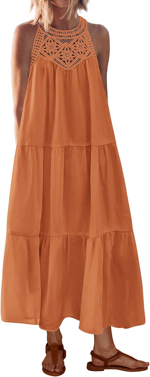 BTFBM Halter Dresses for Women Boho Maxi Sundresses | Hollow Out Sleeveless Tiered Summer Dress With Pocket, Button Keyhole Back, Loose Casual Beach Vacation Clothes, Spring 2026