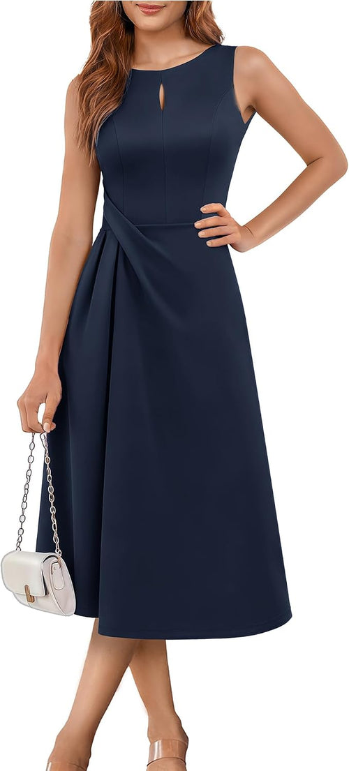 Aupuls Midi Wedding Guest Dresses for Women Formal Sleeveless Dress | Back V-neck, chest cut-out, ruched waist with A-line skirt that accentuates your waistline\u2014perfect for all formal occasions