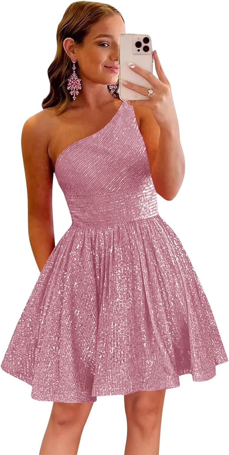 MstinGcc One Shoulder Sequin Sparkly Short Homecoming Dress for Teens 2026 | Glitter HOCO Dresses for Womens A-Line Prom Cocktail Party Dress Backless Sleeveless Corset Mini Gowns