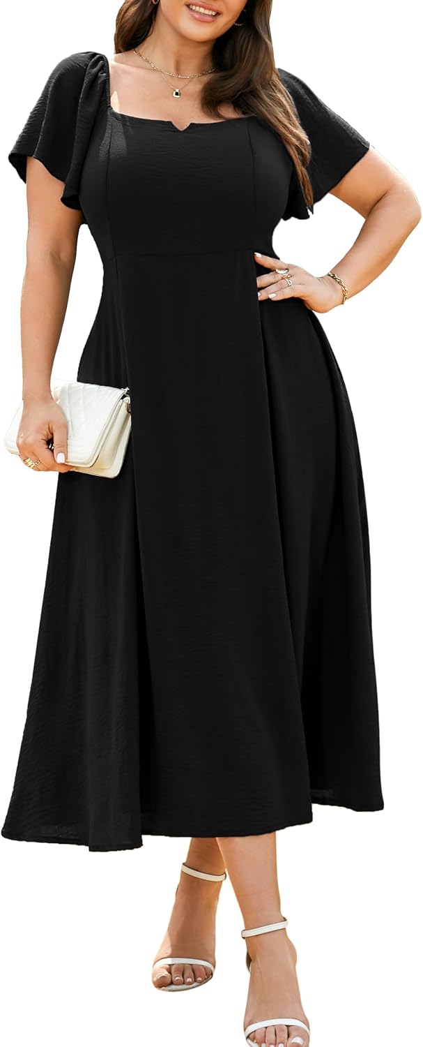 RWJ Plus Size Dresses for Women Wedding Guest Cocktail Summer Maxi Dress | Gowns Evening Party Formal Dresses, Elegant Square V Neck, Short Sleeve Off Shoulder, Pleated Empire Waist Dress with Pockets