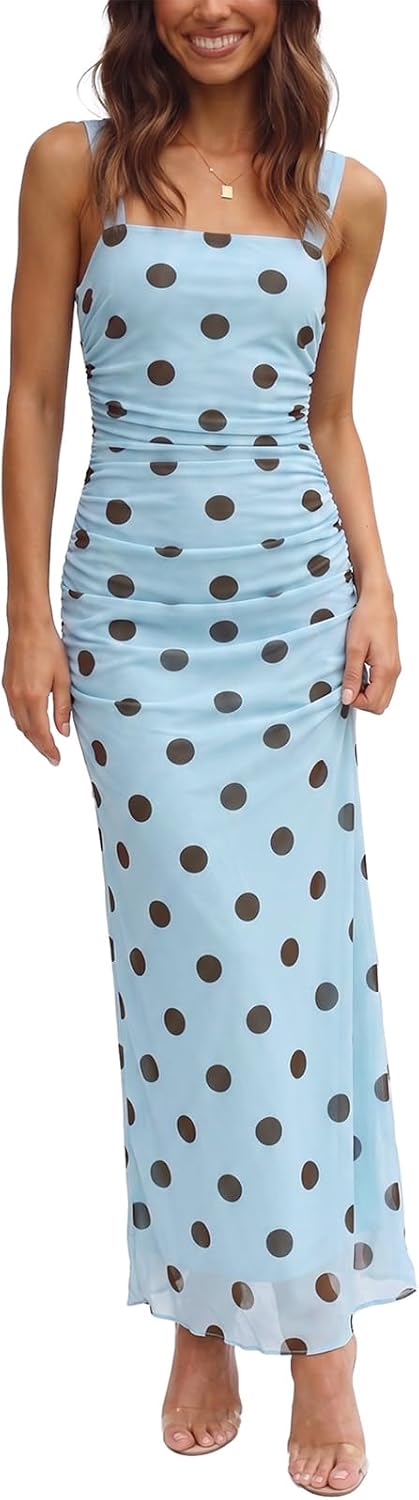 PeoKia Women's Elegant Mesh Ruched Floral Maxi Wedding Guest Dress | Square Neck,Stretch,Bodycon,Fishtail,Tank Strap,Fitted,Bridal Shower,Baby Shower,Cocktail,Party,Dinner,Vacation,Long Dress