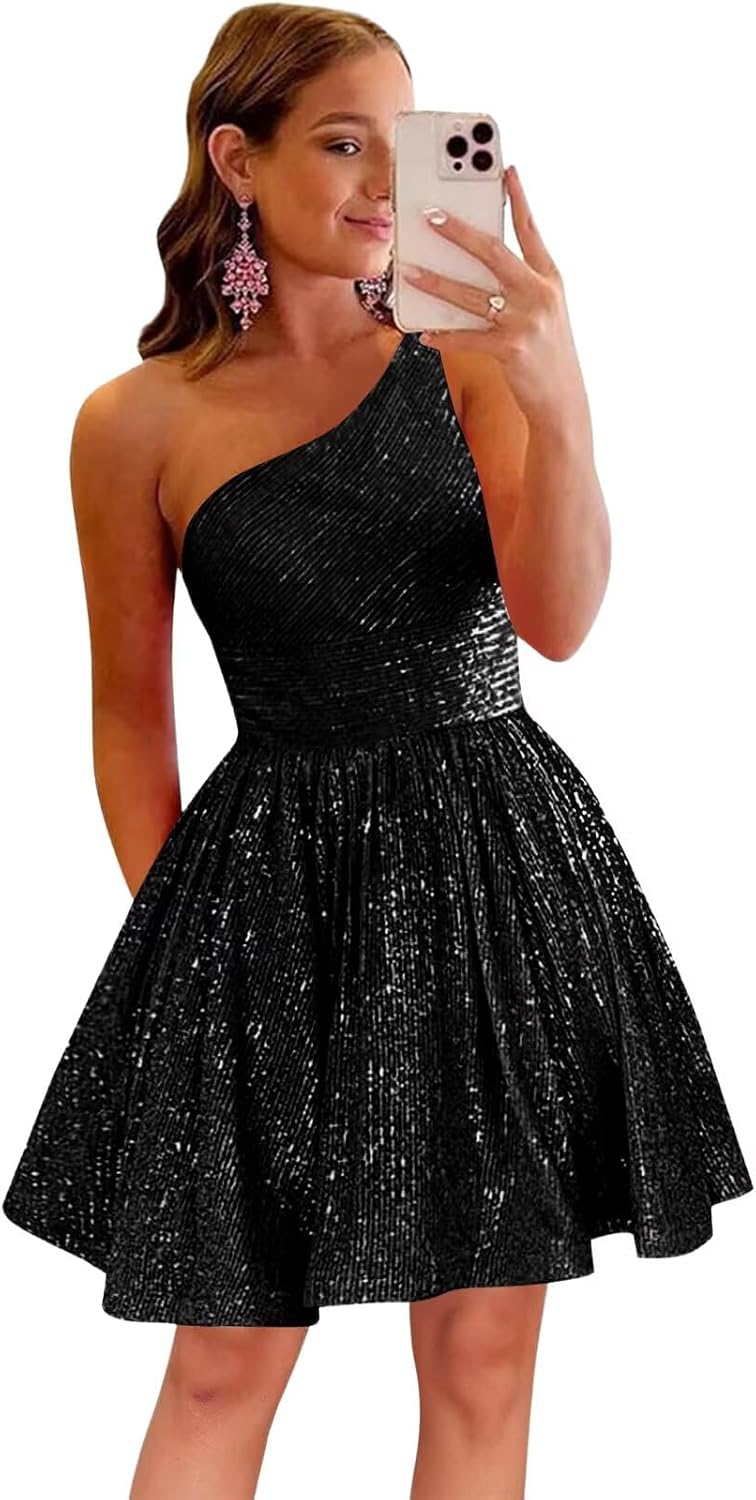 MstinGcc One Shoulder Sequin Sparkly Short Homecoming Dress for Teens 2026 | Glitter HOCO Dresses for Womens A-Line Prom Cocktail Party Dress Backless Sleeveless Corset Mini Gowns