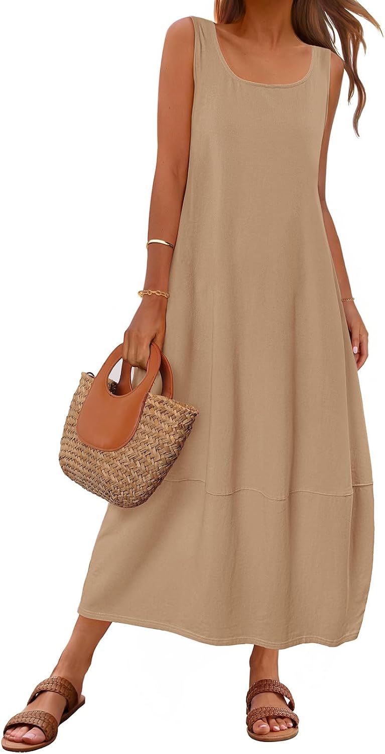 MEROKEETY Women's Summer Sleeveless Maxi Dress Beach Sundress | Casual Scoop Neck Tank Dress, Cotton, Boho Vacation, Loose Fit, Side Pockets, A-Line, Floral Long Dress, Spring Outfits