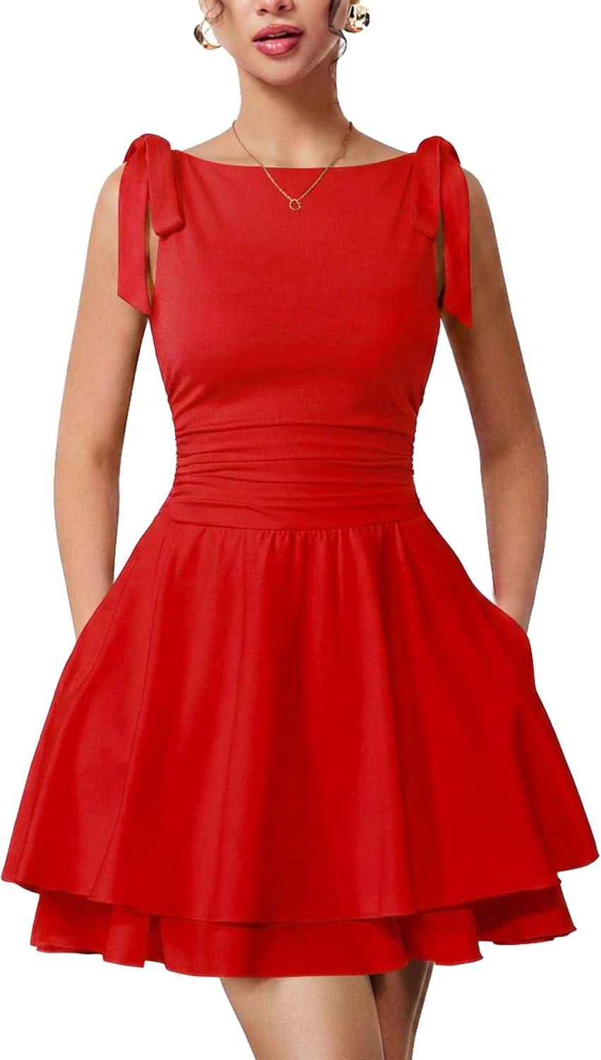 Aprilake Women's Sleeveless Boat Neck Mini Party Homecoming Dress | Pockets,Bow Tie,Corset Ruched Waist,Flowy Tiered Ruffle Hem,Slim,Casual,Birthday,Vacation,Graduation,Night out,Cute Clothes