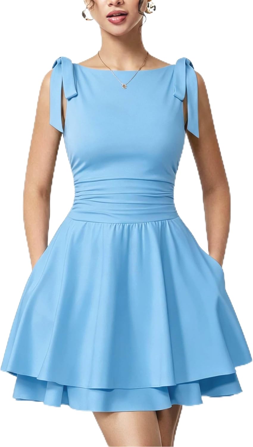 Aprilake Women's Sleeveless Boat Neck Mini Party Homecoming Dress | Pockets,Bow Tie,Corset Ruched Waist,Flowy Tiered Ruffle Hem,Slim,Casual,Birthday,Vacation,Graduation,Night out,Cute Clothes