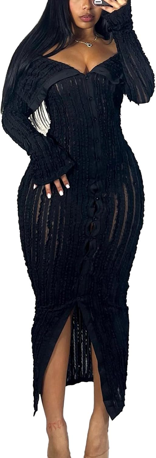 Sexy Button Down Dresses for Women Date Night Off Shoulder See Through Mesh Ruffle Bodycon Maxi Dress