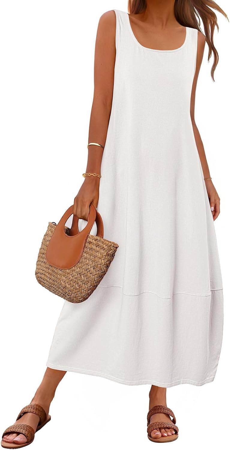 MEROKEETY Women's Summer Sleeveless Maxi Dress Beach Sundress | Casual Scoop Neck Tank Dress, Cotton, Boho Vacation, Loose Fit, Side Pockets, A-Line, Floral Long Dress, Spring Outfits