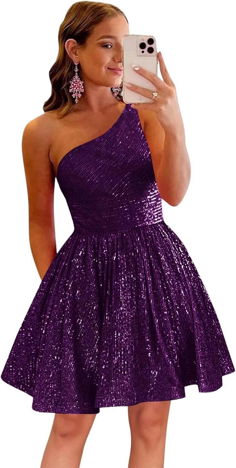 MstinGcc One Shoulder Sequin Sparkly Short Homecoming Dress for Teens 2026 | Glitter HOCO Dresses for Womens A-Line Prom Cocktail Party Dress Backless Sleeveless Corset Mini Gowns