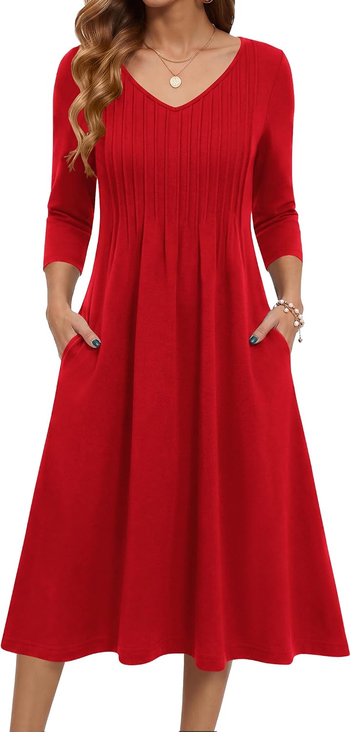 Zeagoo 3\/4 Sleeve Women's Dress Pleated Midi Casual Dresses with Pockets | For A More Flattering Fit, We Recommend Choosing One Size Smaller And Pairing It With Your Own Belt For Decoration.