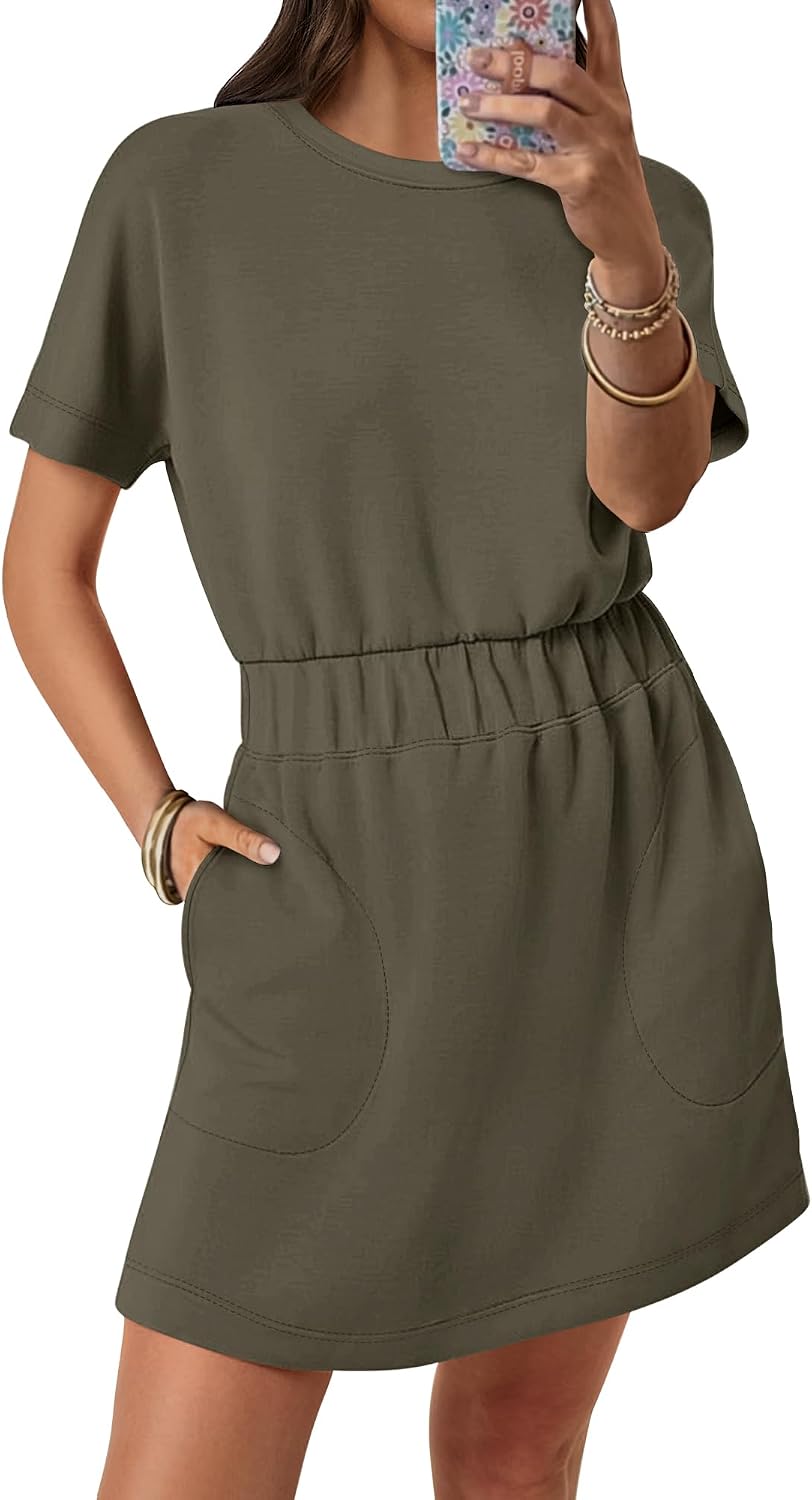 ANRABESS Womens Wrinkle Free Summer Casual Short Sleeve Mini T Shirt Dress | Air Layer Fabric, Crew Neck Elastic Waist Shirt Dresses with Pockets，Spring Daily Wear & Travel Vacation Outfits