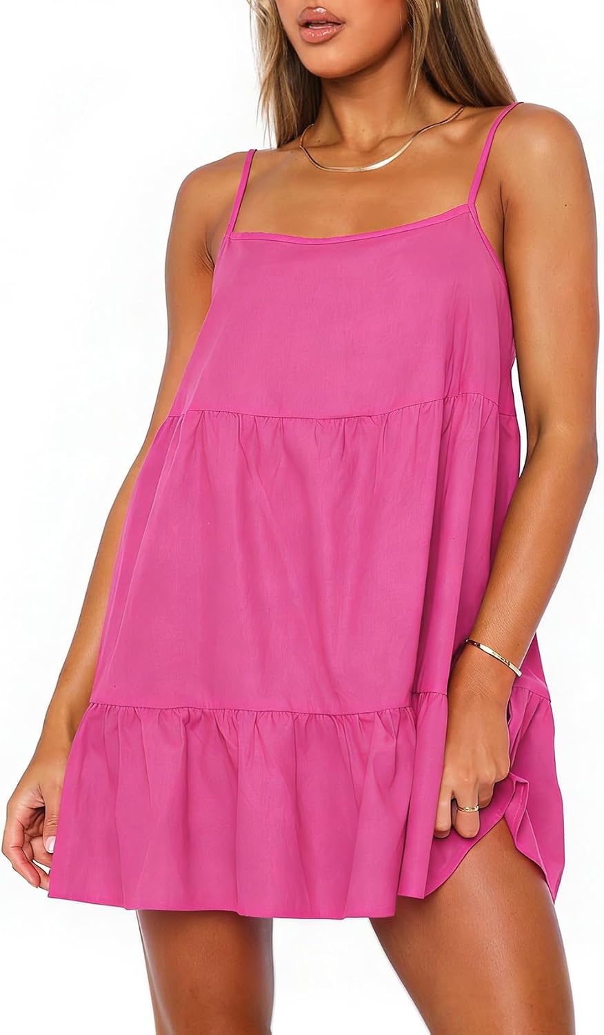 OZICERD Flowy Short Sundress Mini Babydoll Dresses for Women Going Out Tiered Ruffle Beach Spaghetti Strap Swing Dress Cute