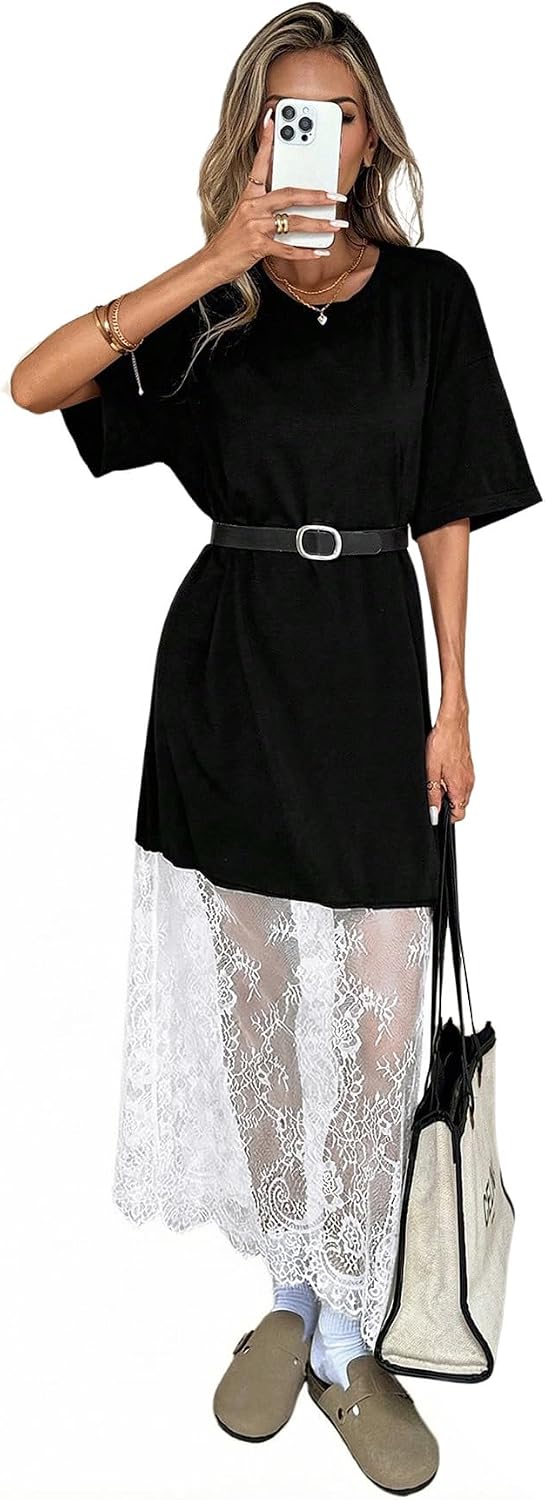 GORGLITTER Women's Lace Maxi Dress Boho Short Sleeve Concert Tshirt Dresses | Oversized Casual Lace Overlay Dress, Birthday Festival Vacation Cocktail, Going Out Outfits