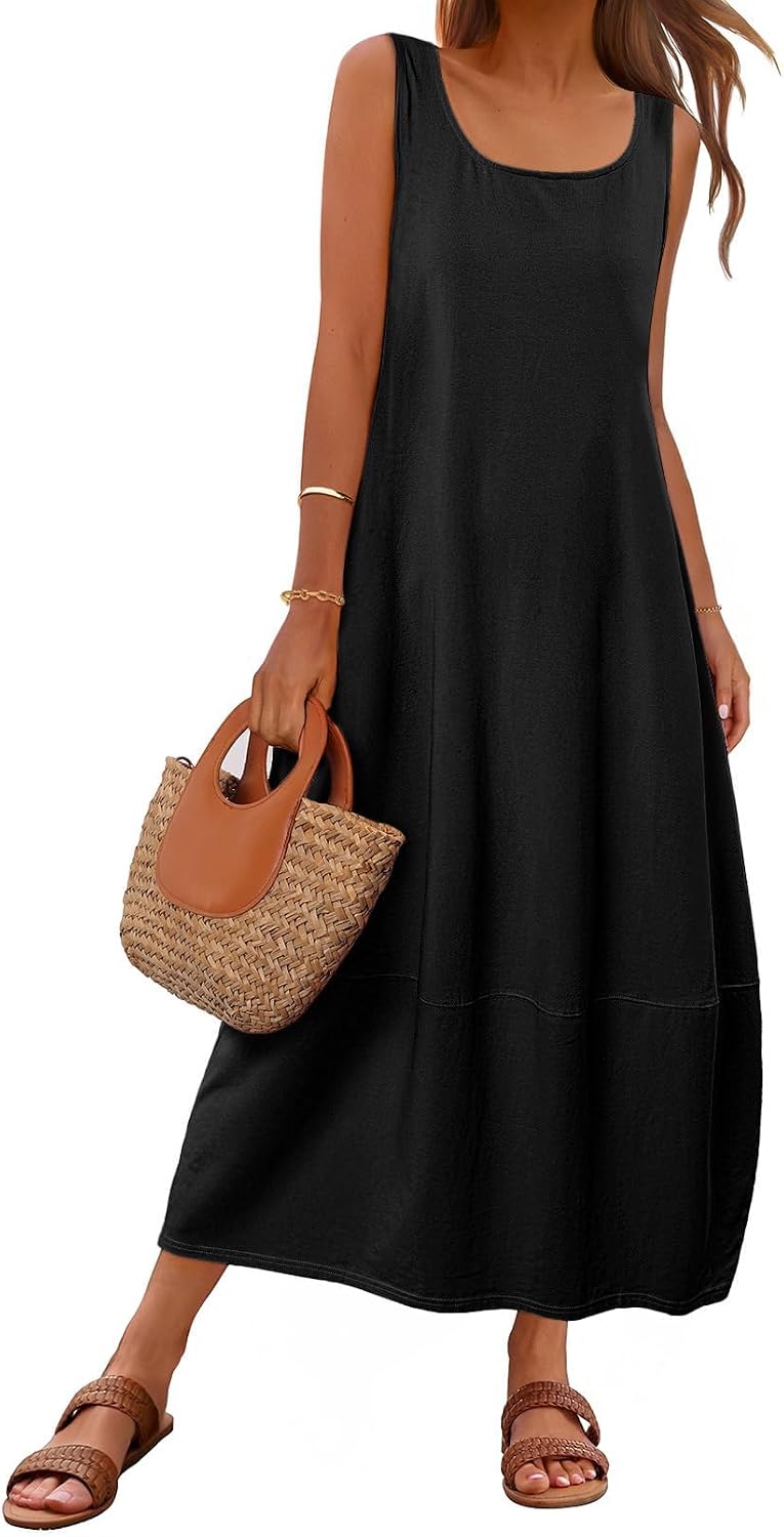 MEROKEETY Women's Summer Sleeveless Maxi Dress Beach Sundress | Casual Scoop Neck Tank Dress, Cotton, Boho Vacation, Loose Fit, Side Pockets, A-Line, Floral Long Dress, Spring Outfits