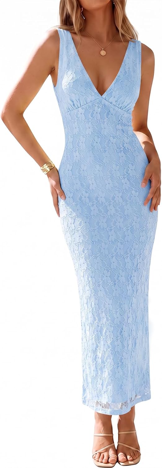 Muchpow Womens Sexy V Neck Bodycon Cocktail Lace Maxi Dress | Lined, Flattering Elegant Formal Mesh Sleeveless Wedding Guest Homecoming Party Long Dresses