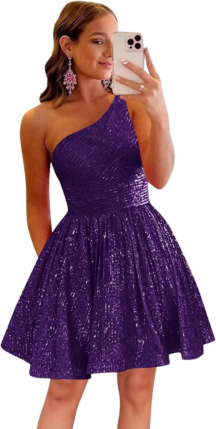 MstinGcc One Shoulder Sequin Sparkly Short Homecoming Dress for Teens 2026 | Glitter HOCO Dresses for Womens A-Line Prom Cocktail Party Dress Backless Sleeveless Corset Mini Gowns