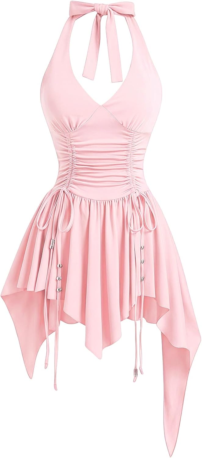 WDIRARA Women's Western Goth Halter Mini Dress Punk Ruched A Line Dresses | Cowgirl Country Concert Rodeo Dress,Asymmetrical,Beaded,Sleeveless, Ruffle,Halloween OutFit