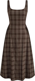 CIDER Womens Checked Square Neck Pleated Maxi Dress | Soft Blend, Fluid Drape, Formal Occasion Styling