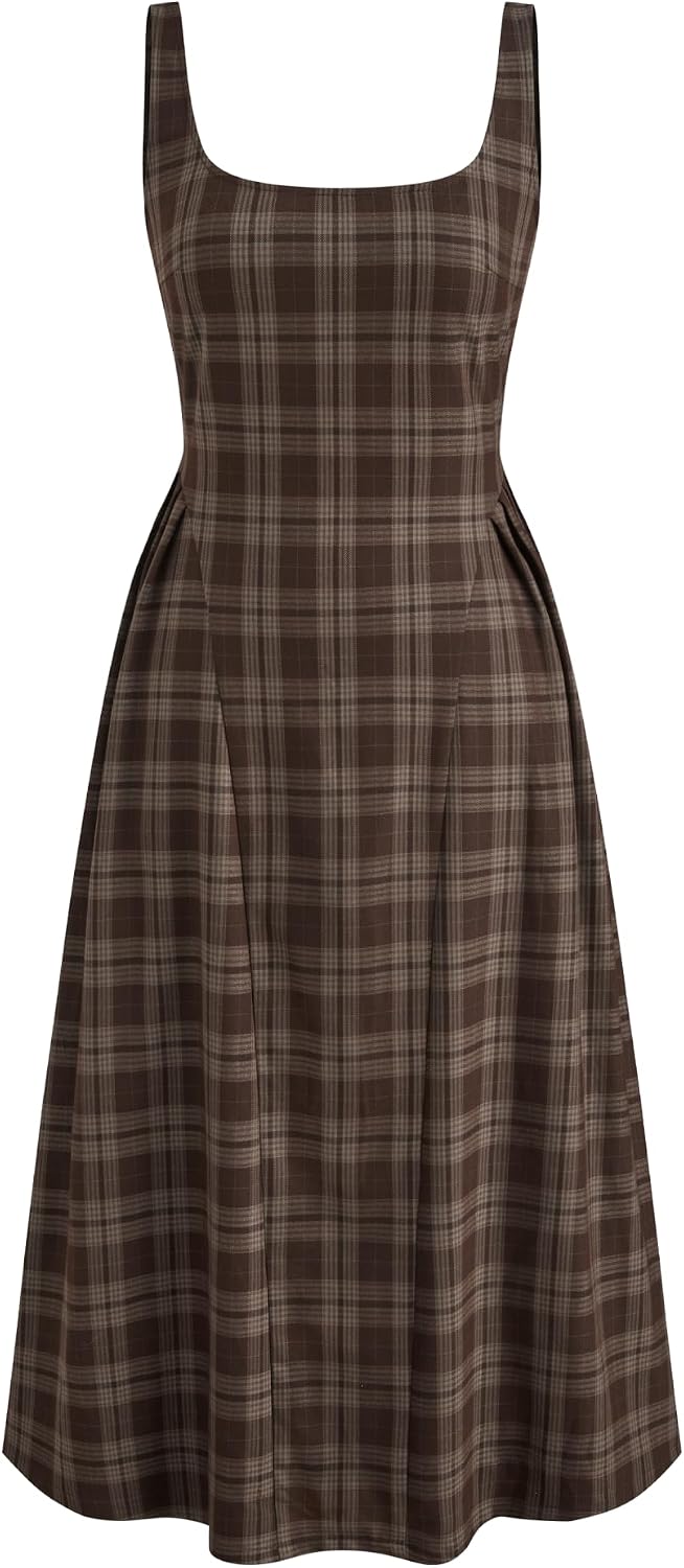 CIDER Womens Checked Square Neck Pleated Maxi Dress | Soft Blend, Fluid Drape, Formal Occasion Styling