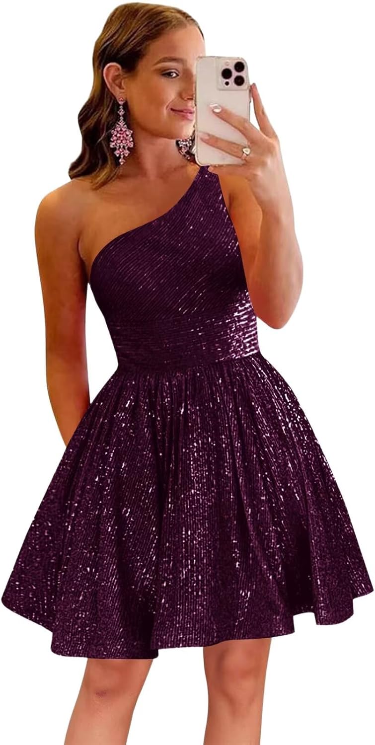MstinGcc One Shoulder Sequin Sparkly Short Homecoming Dress for Teens 2026 | Glitter HOCO Dresses for Womens A-Line Prom Cocktail Party Dress Backless Sleeveless Corset Mini Gowns