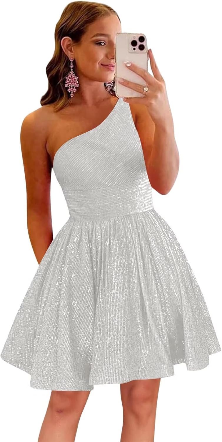 MstinGcc One Shoulder Sequin Sparkly Short Homecoming Dress for Teens 2026 | Glitter HOCO Dresses for Womens A-Line Prom Cocktail Party Dress Backless Sleeveless Corset Mini Gowns