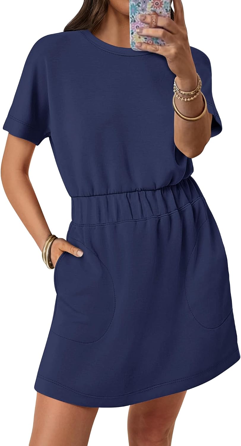 ANRABESS Womens Wrinkle Free Summer Casual Short Sleeve Mini T Shirt Dress | Air Layer Fabric, Crew Neck Elastic Waist Shirt Dresses with Pockets，Spring Daily Wear & Travel Vacation Outfits
