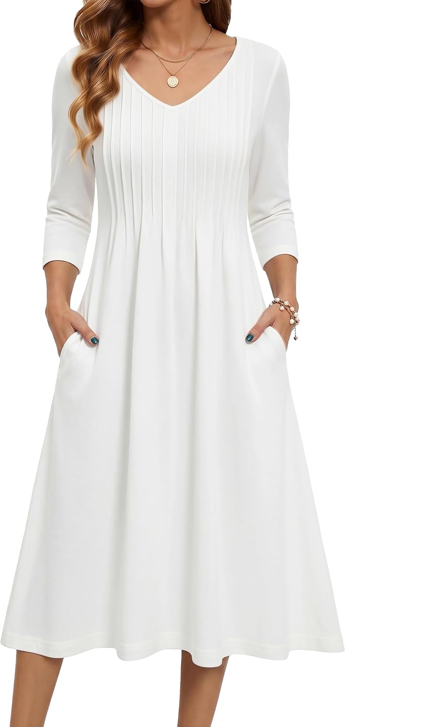 Zeagoo 3\/4 Sleeve Women's Dress Pleated Midi Casual Dresses with Pockets | For A More Flattering Fit, We Recommend Choosing One Size Smaller And Pairing It With Your Own Belt For Decoration.