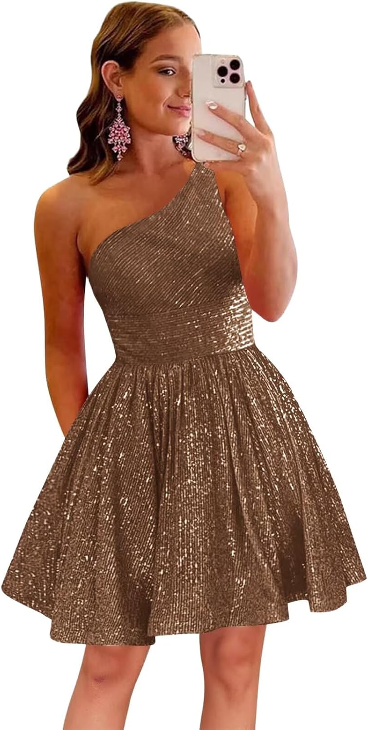 MstinGcc One Shoulder Sequin Sparkly Short Homecoming Dress for Teens 2026 | Glitter HOCO Dresses for Womens A-Line Prom Cocktail Party Dress Backless Sleeveless Corset Mini Gowns