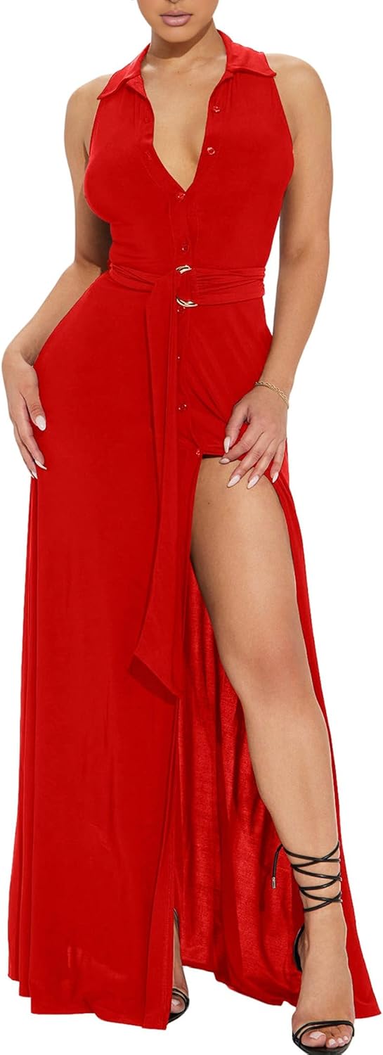 Ekaliy Women's Long Dresses Deep V Neck Cocktail Formal Party Maxi Dress | Collared V Neck Sleeveless Split Button down Belted Dress,Stretchy Bodycon Fit for Wedding Party Evening Events