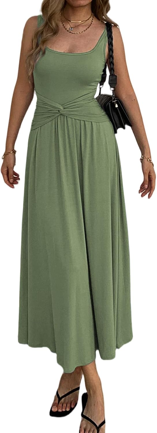 Mieazom Women's Summer Mock Knot Front Maxi Dress Sleeveless Square Neck Corset Ruched Waist Emipre Flowly Casual Dresses