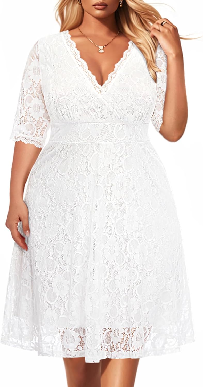 Women's Plus Size Wedding Guest Cocktail Party Semi Formal Lace Dress | Wrap v neck, knee length, half sleeves, midi swing dress, empire waist, elegant floral lace overlay, soft lined