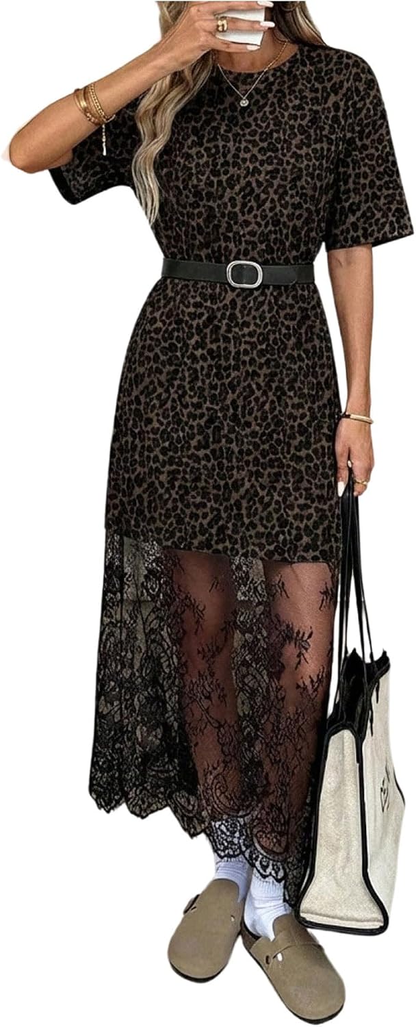 GORGLITTER Women's Lace Maxi Dress Boho Short Sleeve Concert Tshirt Dresses | Oversized Casual Lace Overlay Dress, Birthday Festival Vacation Cocktail, Going Out Outfits