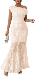 MITILLY Formal Wedding Guest Dress for Women Off Shoulder Evening Gown | One Shoulder, Sleeveless, Lace Floral Mesh, Ruched, Lined, Mermaid Hem, for Wedding, Cocktail, Prom, Bridal Shower