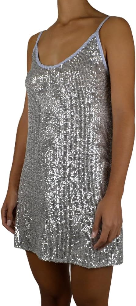 FEORJGP Women Sparkle Sequin Mini Dress Shiny Spaghetti Strap Glitter Disco Slip Short Dress Cocktail Party Club Dresses