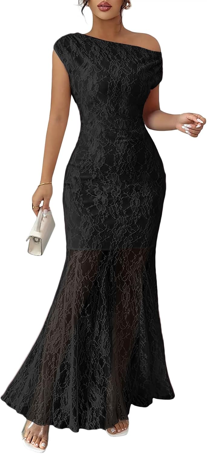 MITILLY Formal Wedding Guest Dress for Women Off Shoulder Evening Gown | One Shoulder, Sleeveless, Lace Floral Mesh, Ruched, Lined, Mermaid Hem, for Wedding, Cocktail, Prom, Bridal Shower