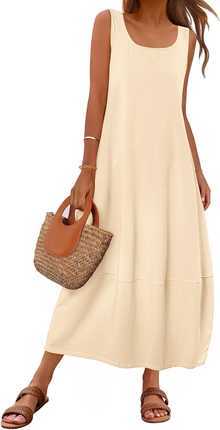 MEROKEETY Women's Summer Sleeveless Maxi Dress Beach Sundress | Casual Scoop Neck Tank Dress, Cotton, Boho Vacation, Loose Fit, Side Pockets, A-Line, Floral Long Dress, Spring Outfits