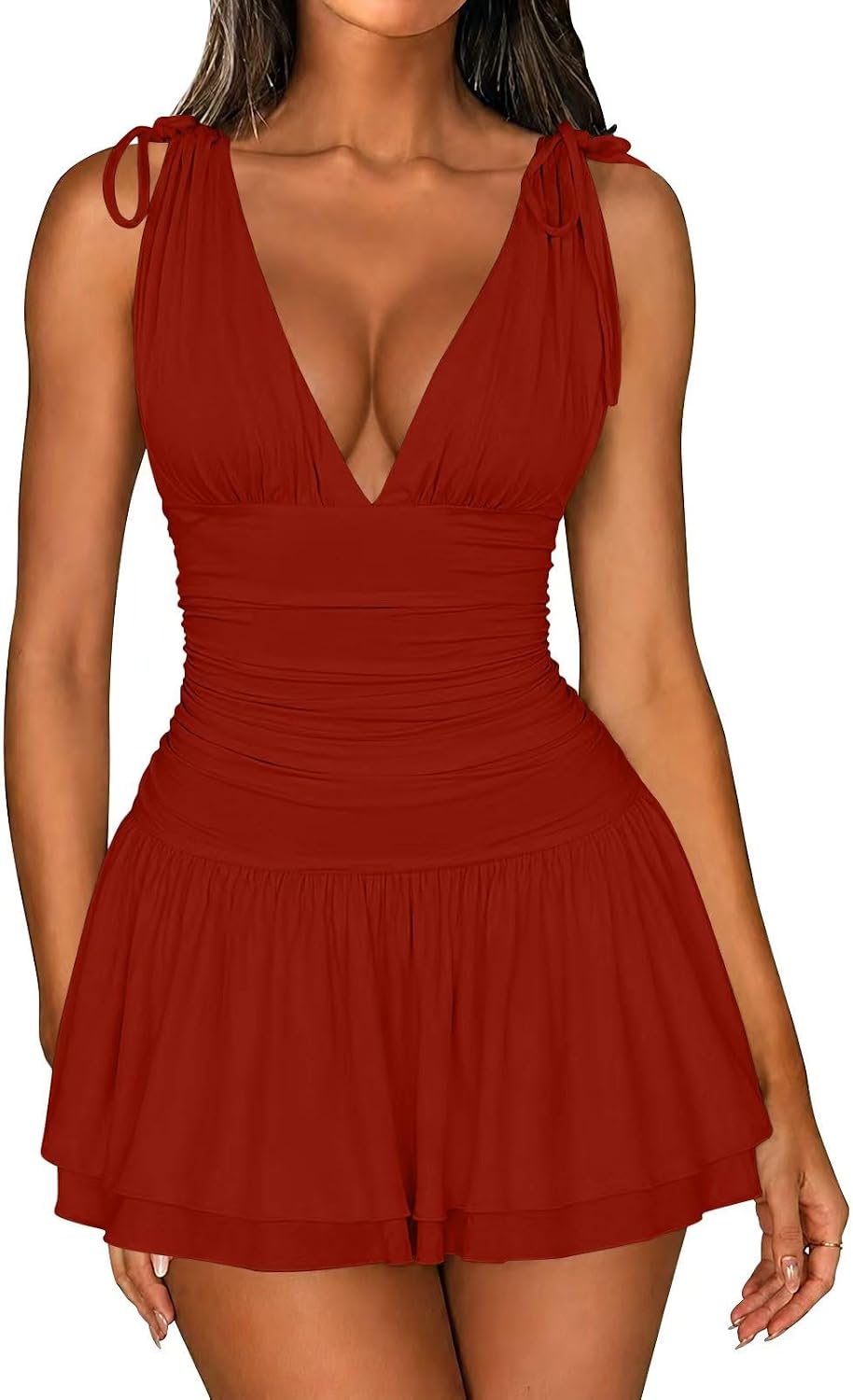 XXTAXN Womens Sexy Sleeveless Tank V Neck Vacation A Line Mini Dress | Sleeveless Adjudtable Shoulder Tie Ruched Waist Cocktail Date Graduation Homecoming Valentines Party Wedding Guest Birthday