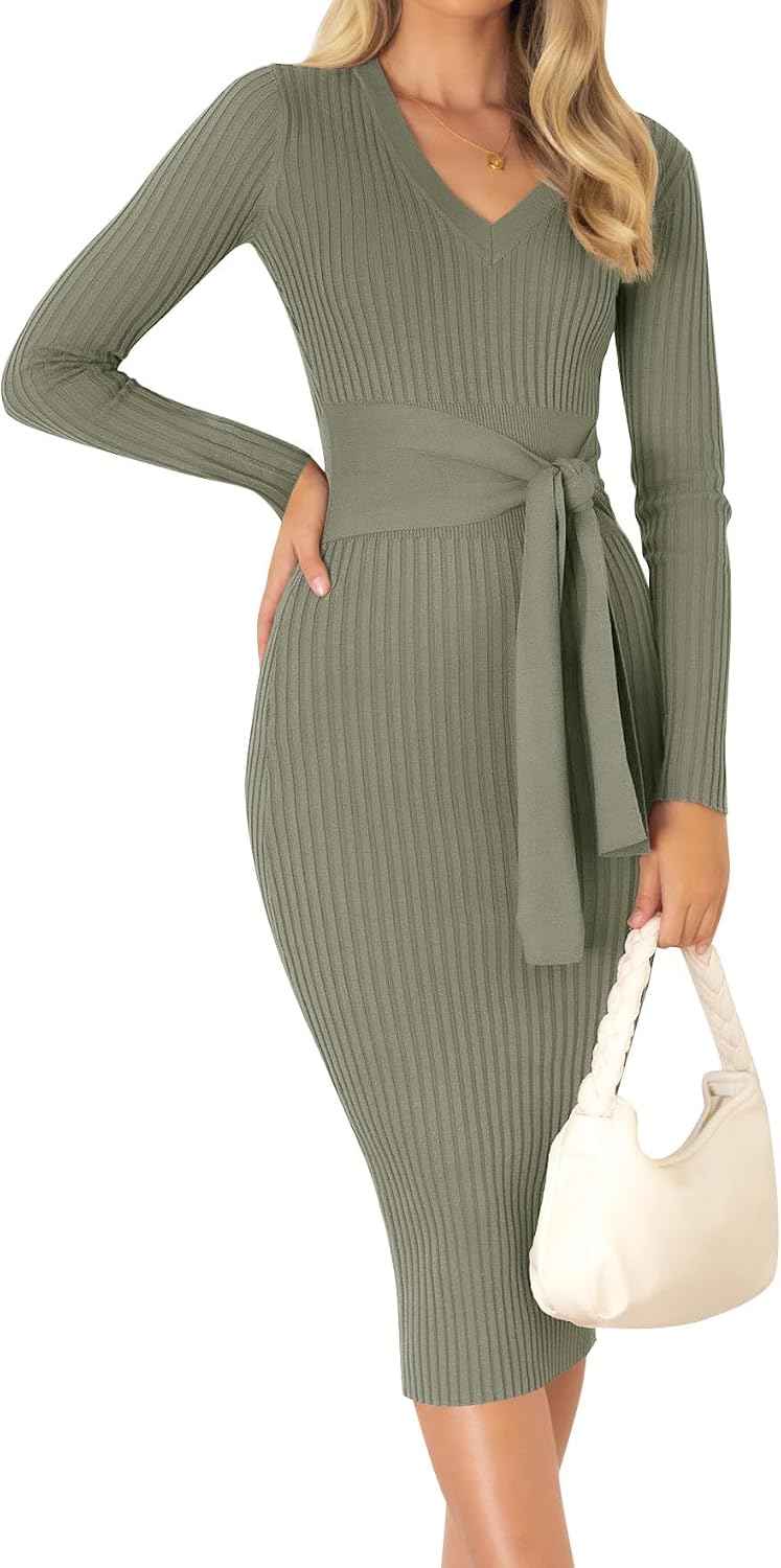 ZESICA Women's 2026 Fall Long Sleeve Bodycon Midi Sweater Dress | Winter Dresses, V Neck, Slimming, Ribbed Knit, Tie Waist, Classy, Holiday, Maternity, Elegant Wedding Guest Formal Dress